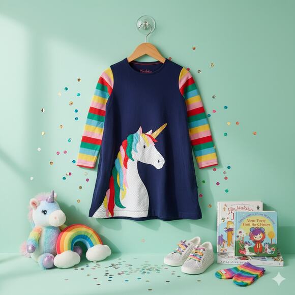 Mini Boden Girls Unicorn Dress Navy Rainbow Sleeves Size 7-8 (128 cm) - Picture 1 of 9